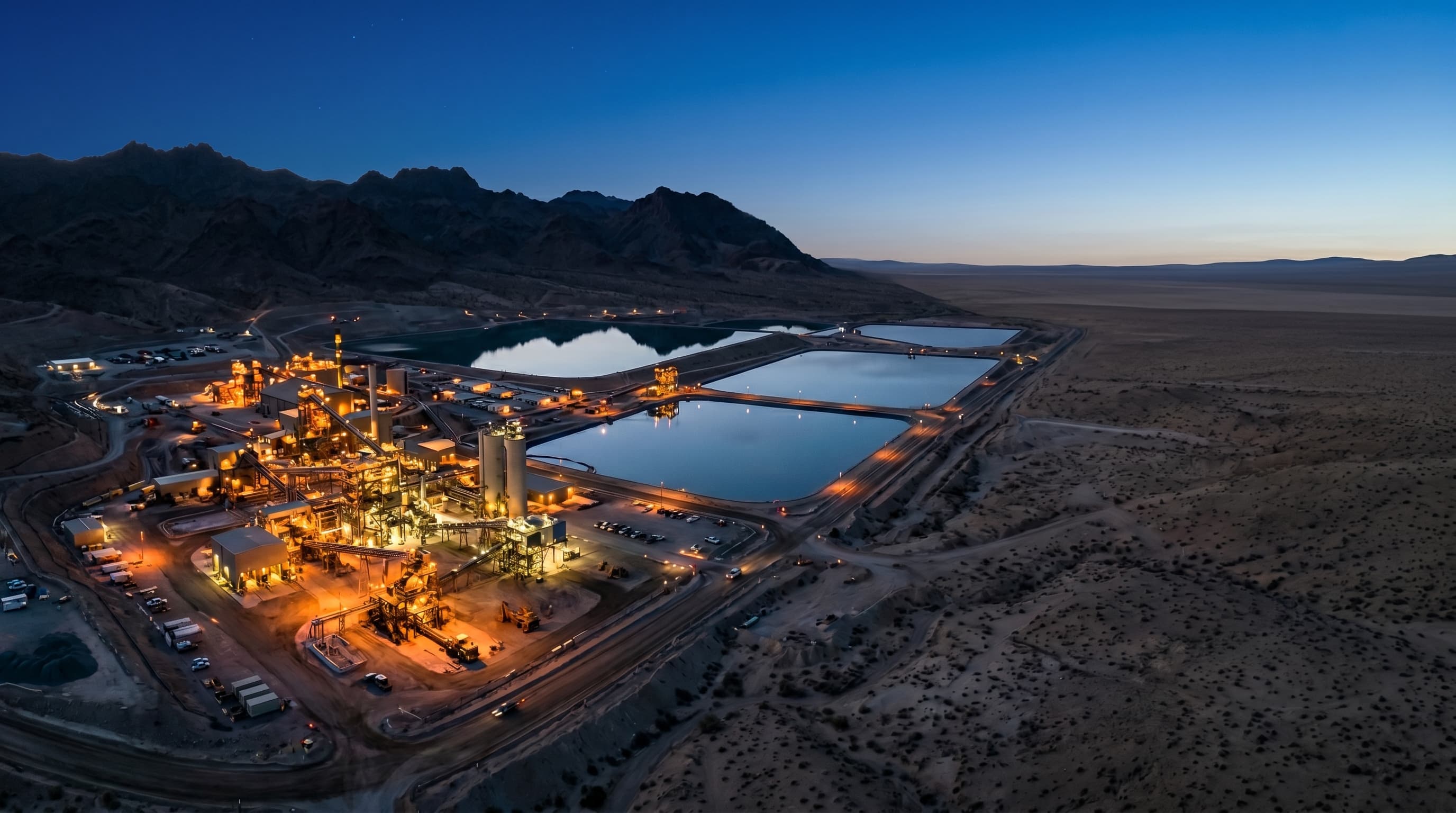 Gold-mine processing infrastructure at dusk